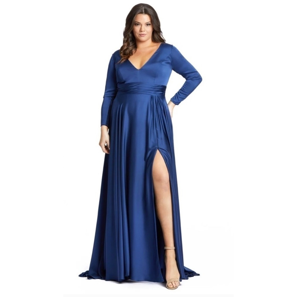 Mac Duggal 55290 Midnight Blue Satin Long Sleeve Gown Slit Plus Size 24W NWT